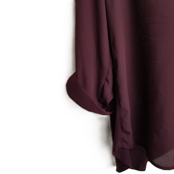 Fortune and Ivy Blouse M Wine Burgundy Zip Front 3/4 Sleeves Stretch - Picture 4 of 9